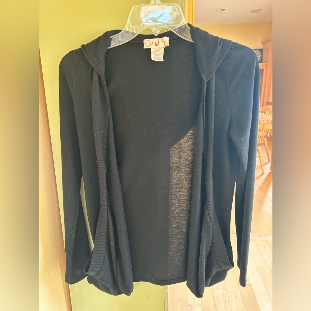 Vintage 70s OP Open Front Ribbed Hooded Cardigan Black Size Juniors Large 11/13